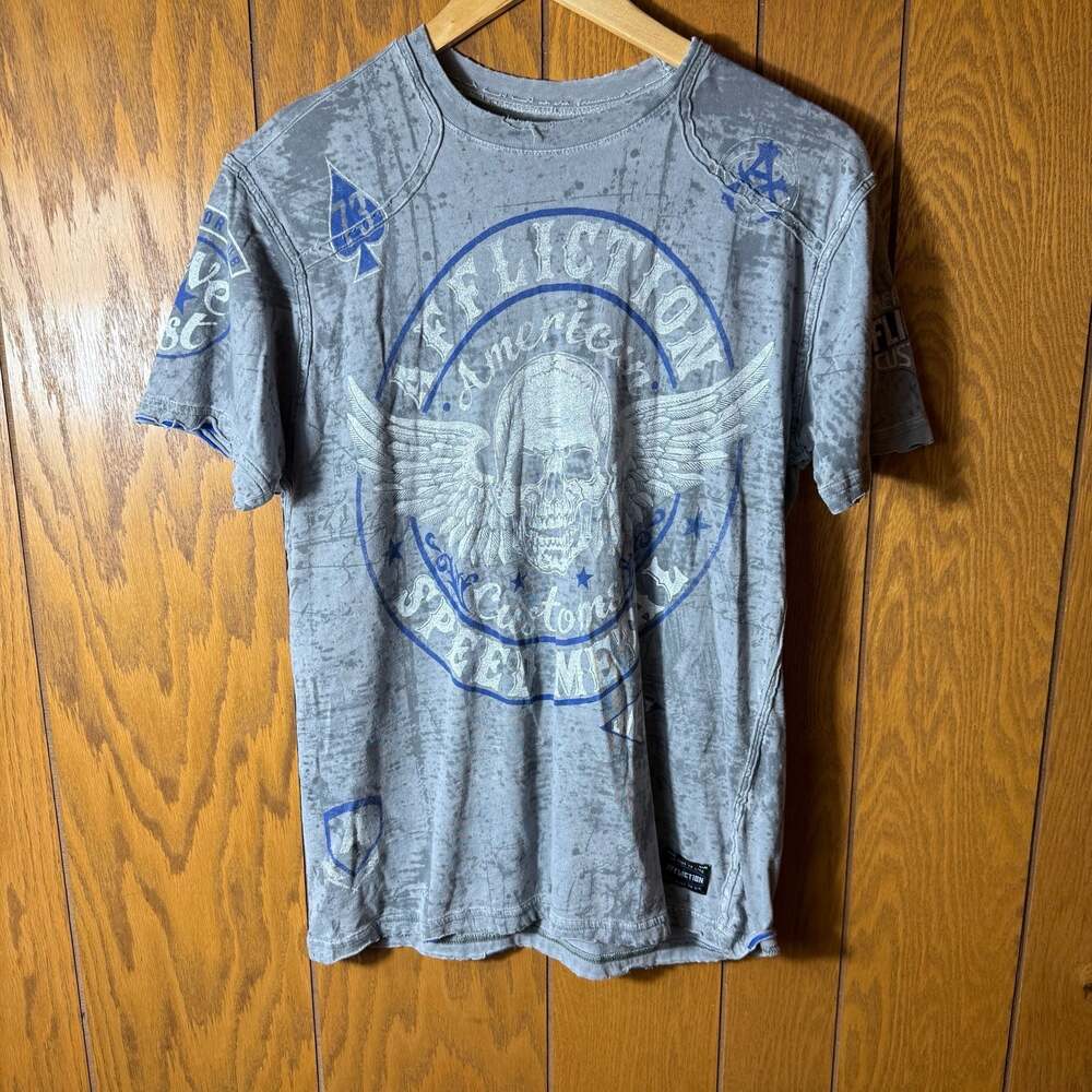 Affliction American Customs Speed Metal Skull Wing Graphic T-Shirt Grey Size Med